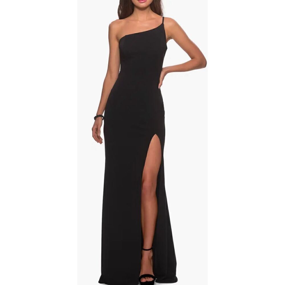 La Femme One-Shoulder Jersey Gown in Black NWT Size 6